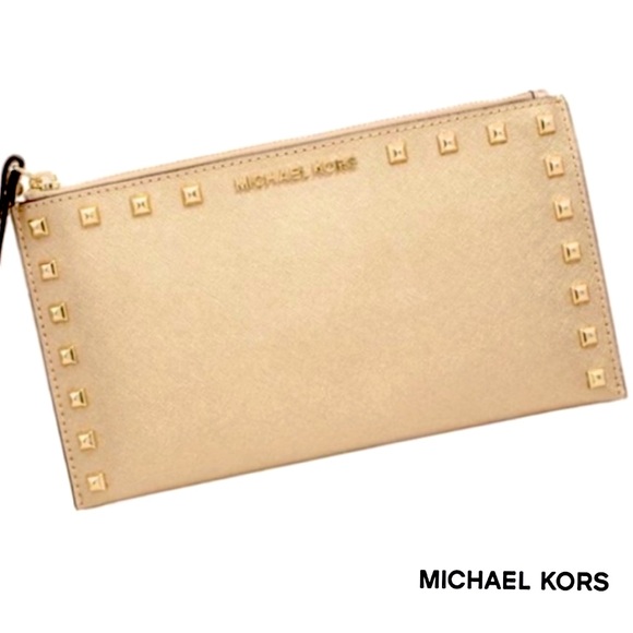 NWT Michael Kors Gold Leather Stud Clutch Wristlet - Picture 1 of 10